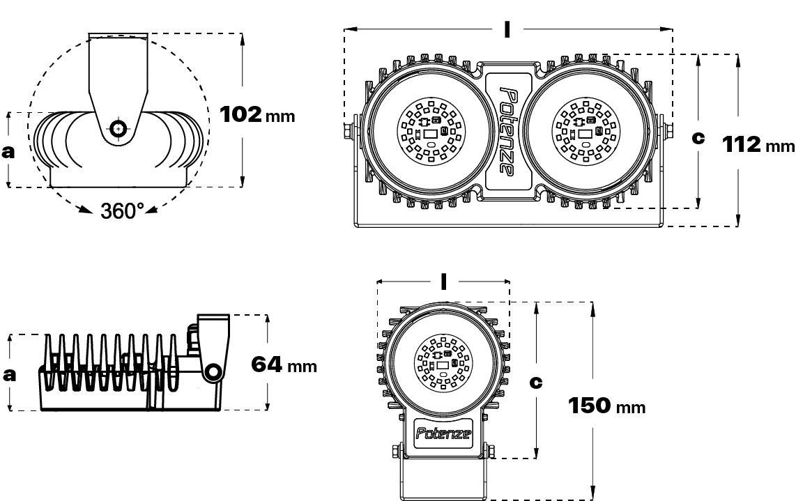Desenho técnico com dimensões da luminária industrial PZ-IND