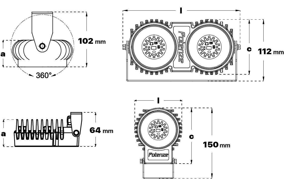 Desenho técnico com dimensões Luminária para Frigoríficos