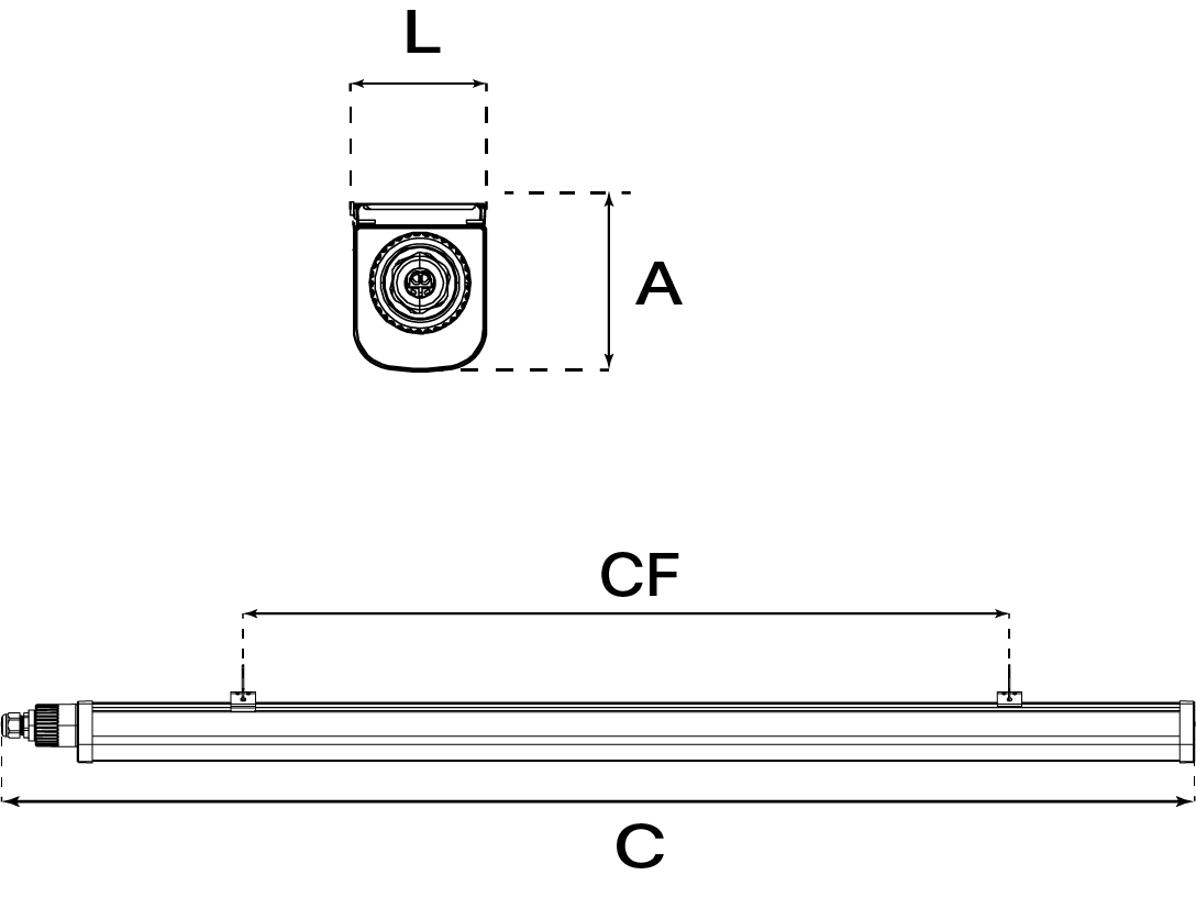 Desenho técnico com dimensões Luminária Hermética