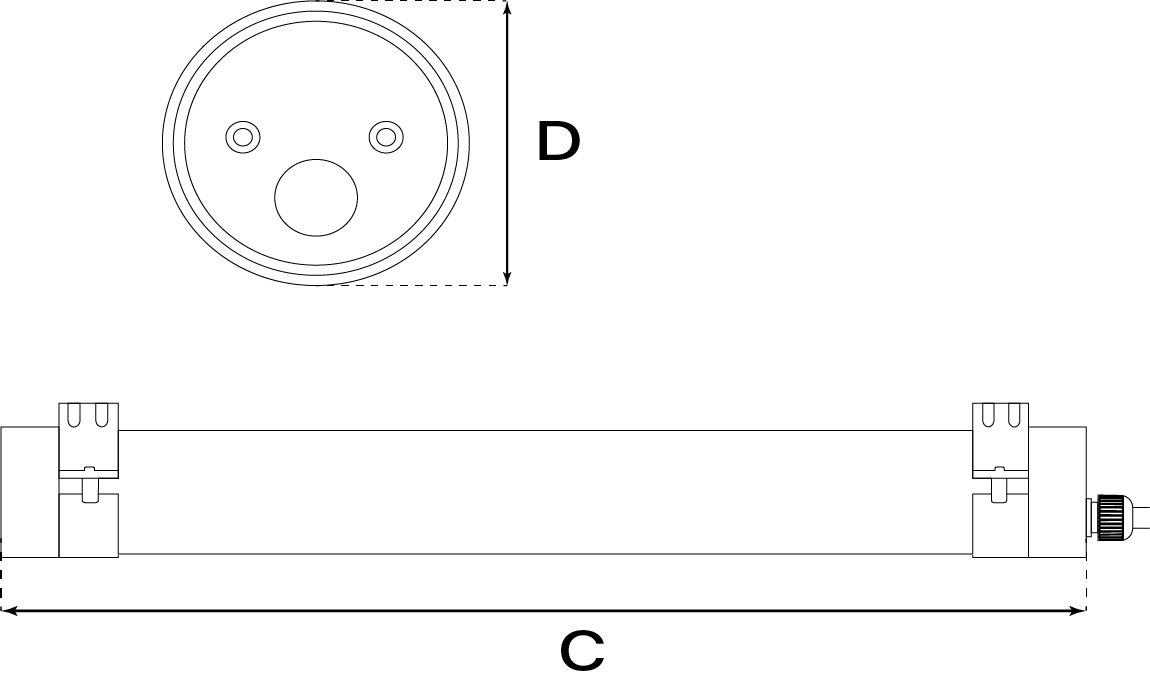 Desenho técnico com dimensões Luminária Hermética IP